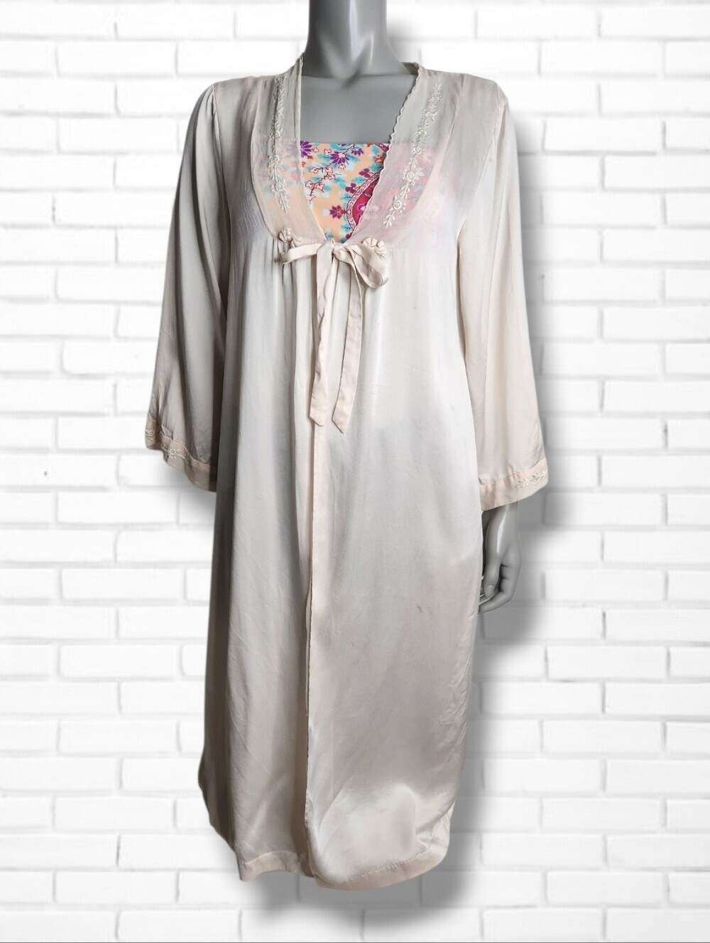Vintage Cream Satin Robe with Floral Trim